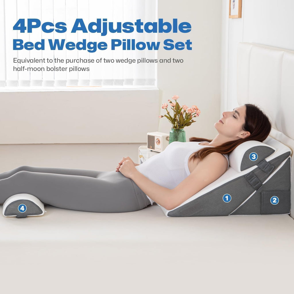 GOHOME Cooling Wedge Pillow Set for After Surgery, 4-Piece Adjustable Memory Foam Bed Wedge Pillow for Sleeping, Acid Reflux, Snoring, Neck Pain and Back Pain, White and Grey