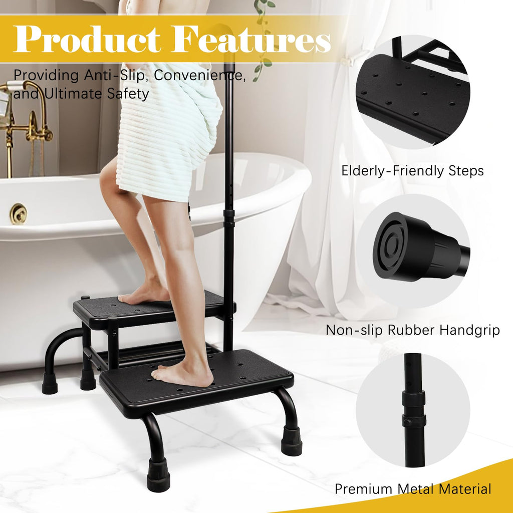 UFIZZY 2 Step Stool with Handle for Elderly with 5 Legs, Heavy Duty Bedside Step Stool for Seniors Adults, Medical Foot Stool with Adjustable Handrail for Kitchen, Bathtub, RV, Holds up to 400LBS