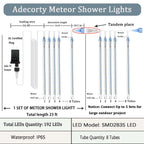 Adecorty Christmas Lights Outdoor, Meteor Shower Lights 8 Tubes 192LED UL Certified Snow Falling Rain Cascading Icicle Lights for Xmas Tree Christmas Decorations Outdoor Wedding Party Window, White