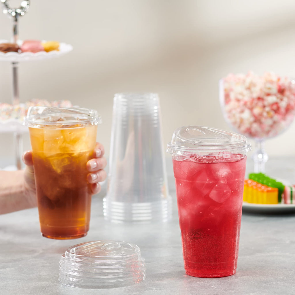Comfy Package [24 oz. - 100 Count Crystal Clear Plastic Cups With Strawless Sip-Lids, Disposable Iced Coffee Cups with Lids - Ideal for Cold Beverages, and To-Go Drinks