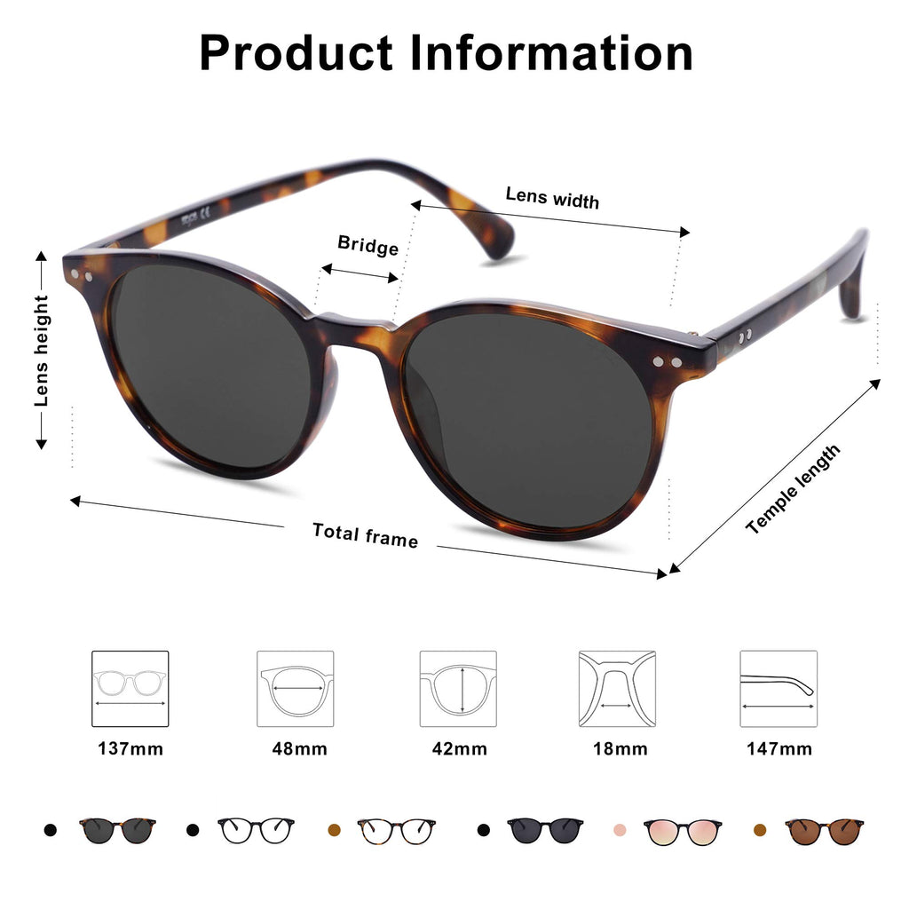 Small Round Classic Polarized Sunglasses for Women Men Vintage Style UV400 Lens MAY SJ2113, Tortoise/Grey
