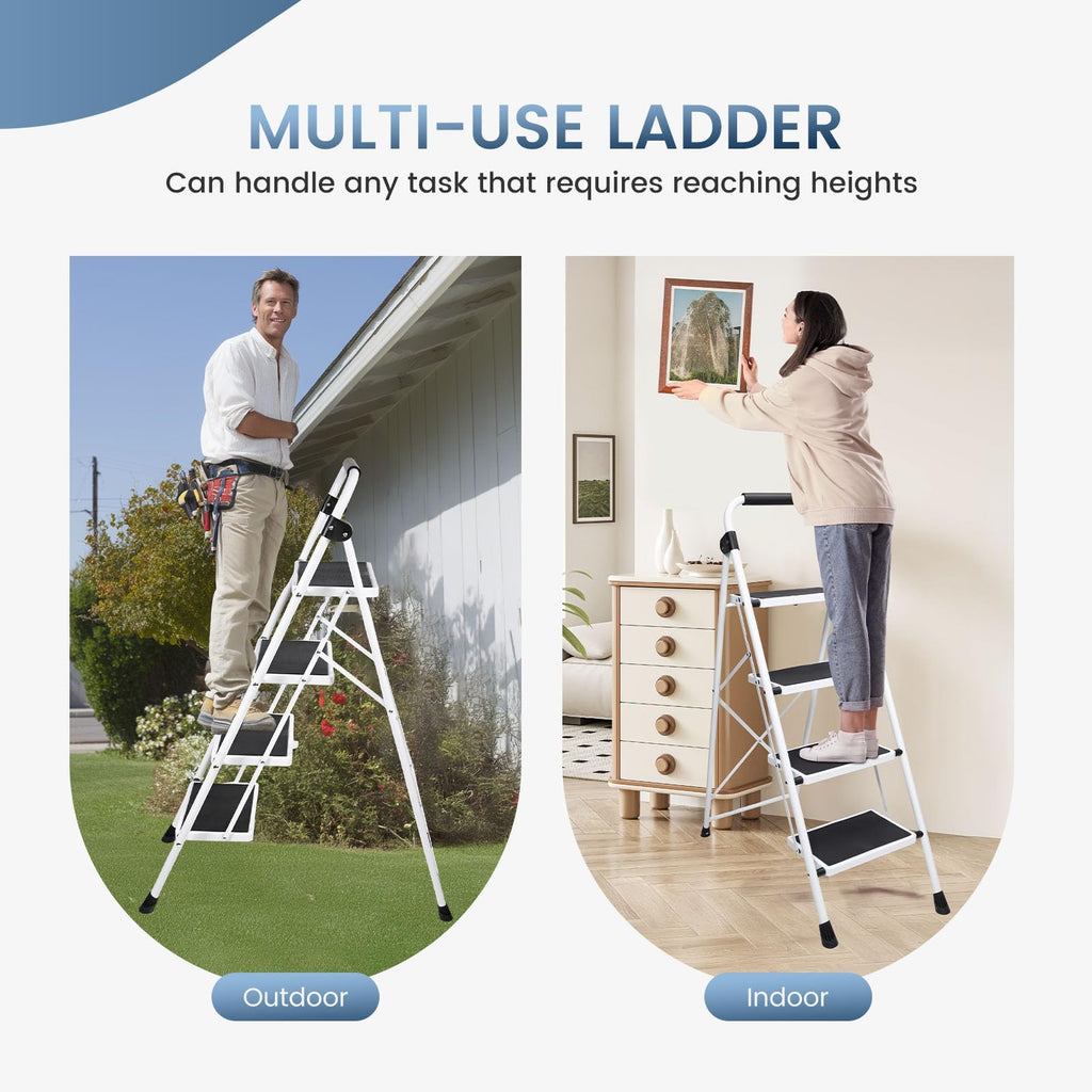 OLIXIS Step Ladder, 4 Sturdy Step Stool with Anti-Slip Pedal & Handrail