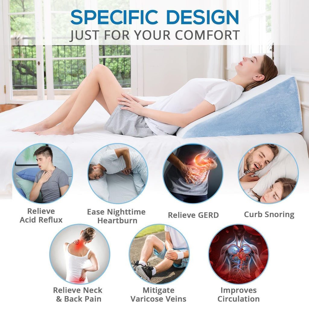 Sasttie Wedge Pillow, 12 Inch Memory Foam Bed Wedge Pillow for Sleeping, Acid Reflux, Back Pain, Post Surgery, and Snoring, Designed with Washable Cover, Sky Gray