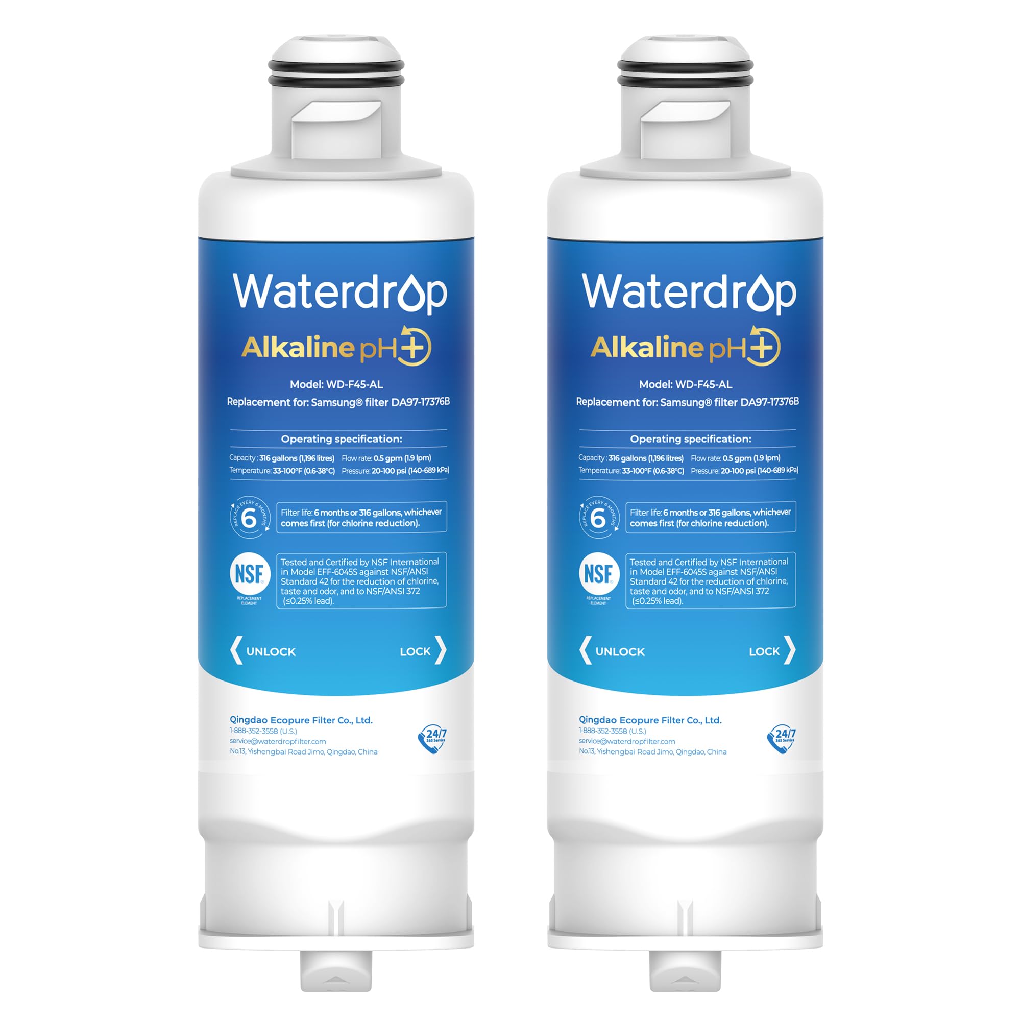 Waterdrop 𝐀𝐥𝐤𝐚𝐥𝐢𝐧𝐞 DA97-17376B Water Filter, 𝐄𝐧𝐡𝐚𝐧𝐜𝐞𝐬 𝐩𝐇, Replacement for Samsung® HAF-QIN/EXP, DA97-08006C, RF28R7201SR, RF28R7351SG, 2 Filters