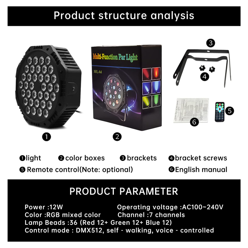 ZKEEZM 36 Led Stage Lights - DJ Par Lights, RGB Party Lights, 7 Colours Lighting with Sound Activated, Remote & DMX Control, DJ Uplighting for Parties, Birthday, Christmas, Bar, Wedding & Music Dance
