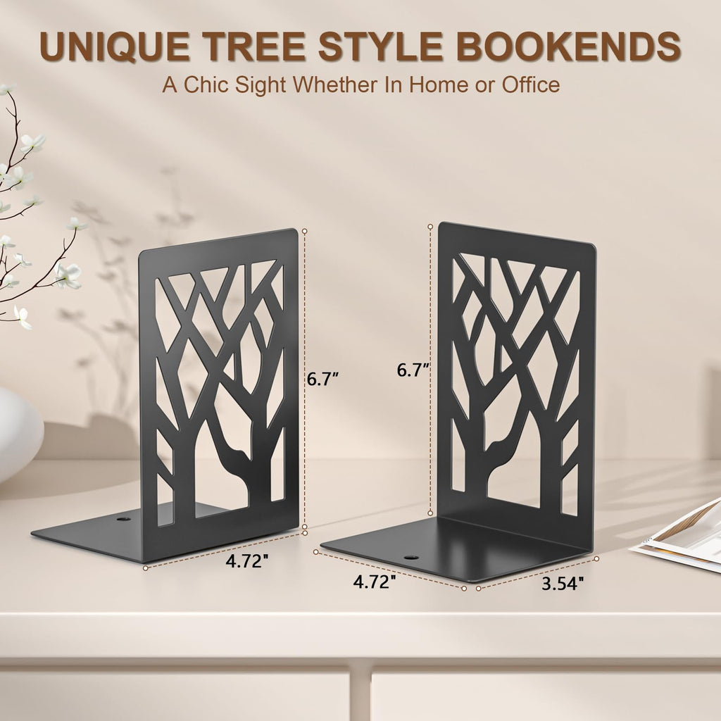 4-Piece Modern Metal Bookends for Shelves, Black Tree Book Ends for Books, Decorative Book Organizer for Desk, Non-Skid Shelve Bookends for Home Office