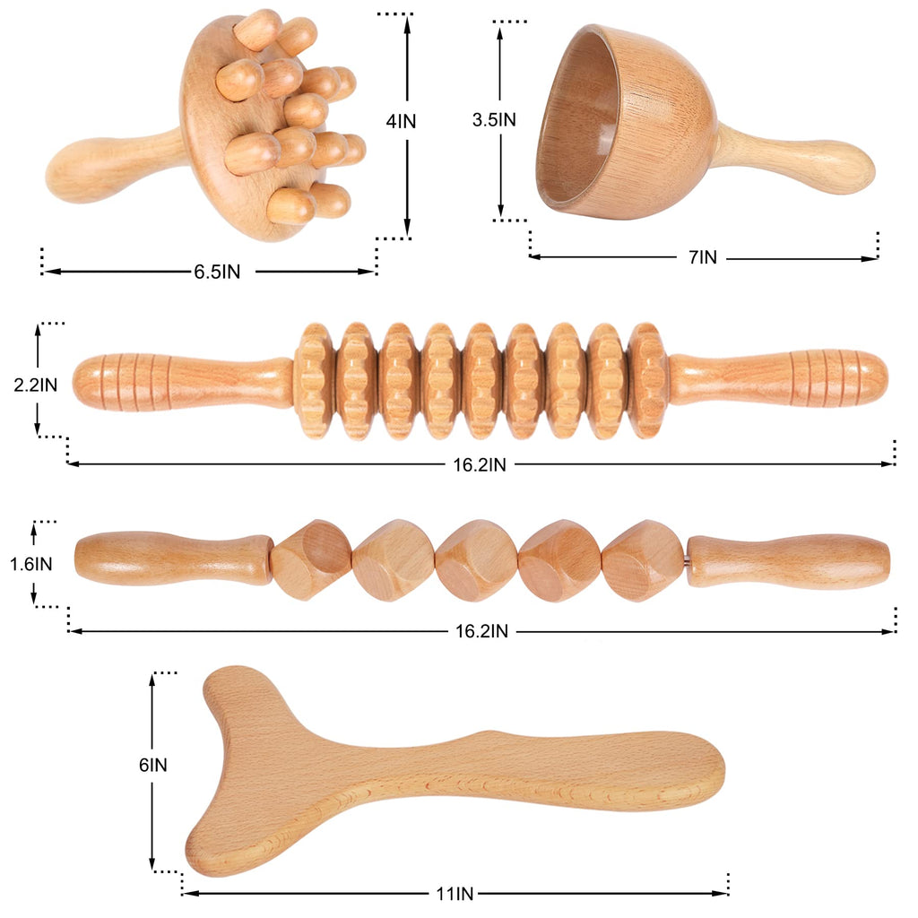 Komogir Wood Therapy Massage Tools 5-in-1 Lymphatic Drainage Massager Maderoterapia Kit Wooden Massager Body Sculpting Tools for Muscle Pain Relief, Anti-Cellulite, Body Contouring and Shaping