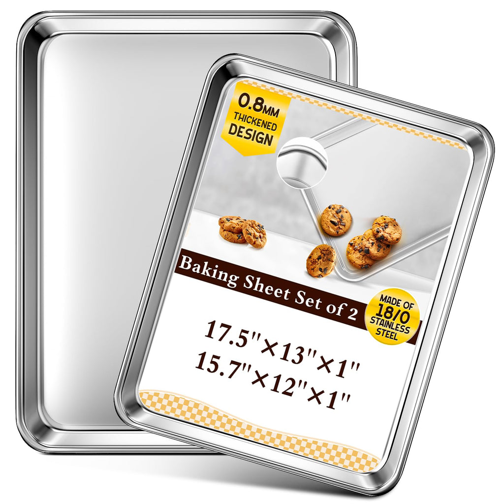 Baking Sheet Set of 2, Commercial Grade Stainless Steel Cookie Sheets for Baking, 17.5''x13'' / 15.7''x12'', Thicker and Firmer Baking Pans Set, Rust & Warp Resistant & Nonstick, Nontoxic & Heavy Duty