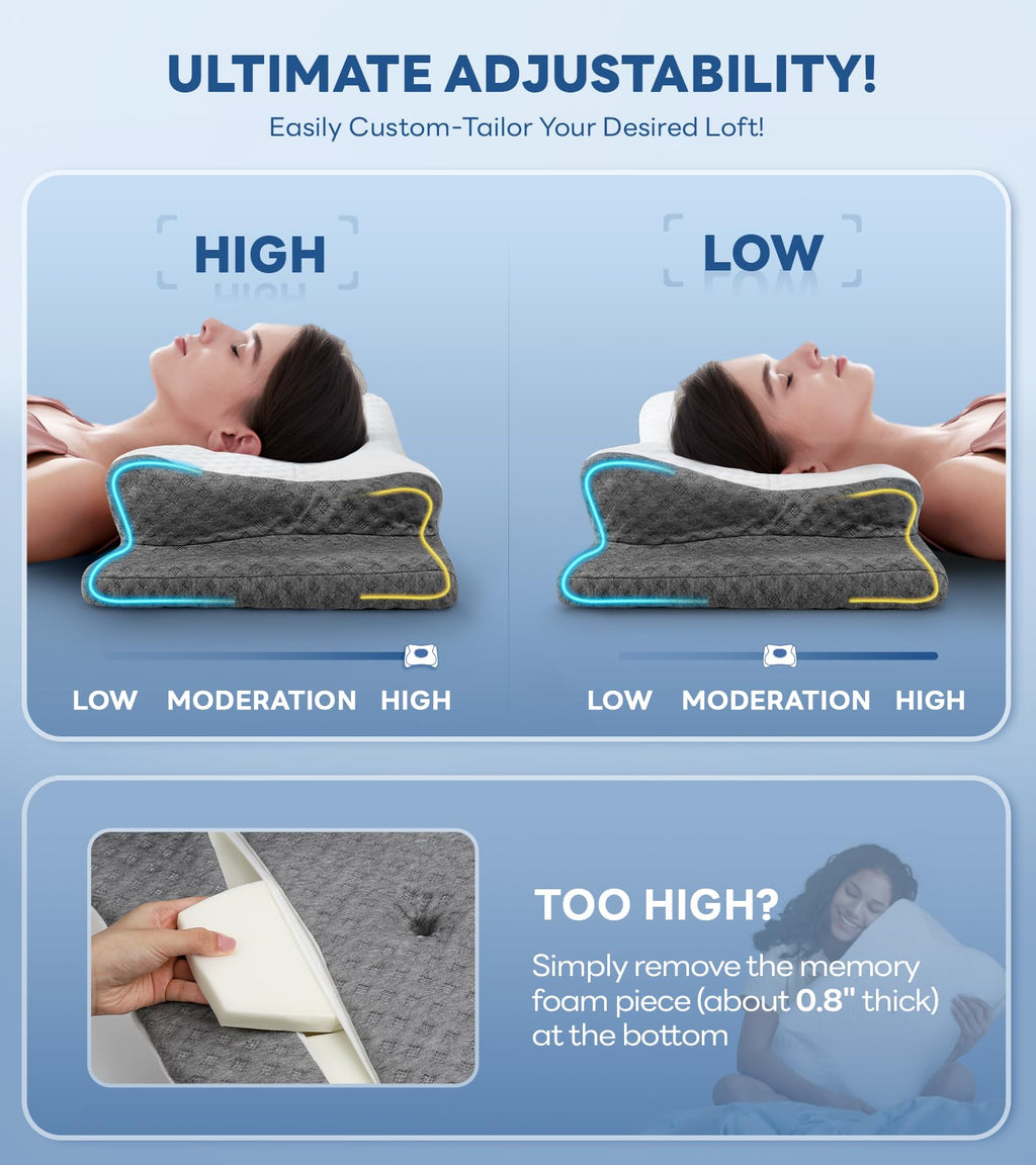 No More Aches Neck Pillow for Pain Relief, Adjustable Cervical Support with Armrest, Odorless Ergonomic Contour Memory Foam Pillows,Orthopedic Bed Side Back Stomach Sleeping