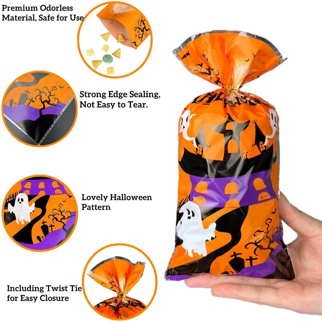 VOVEA Halloween Treat Bags, 100PCS Halloween Goodie Bags Candy Bags with Twist Ties, Trick or Treat Bags, Cute Halloween Cookies Gift Bags for Halloween Party Supplies Favors