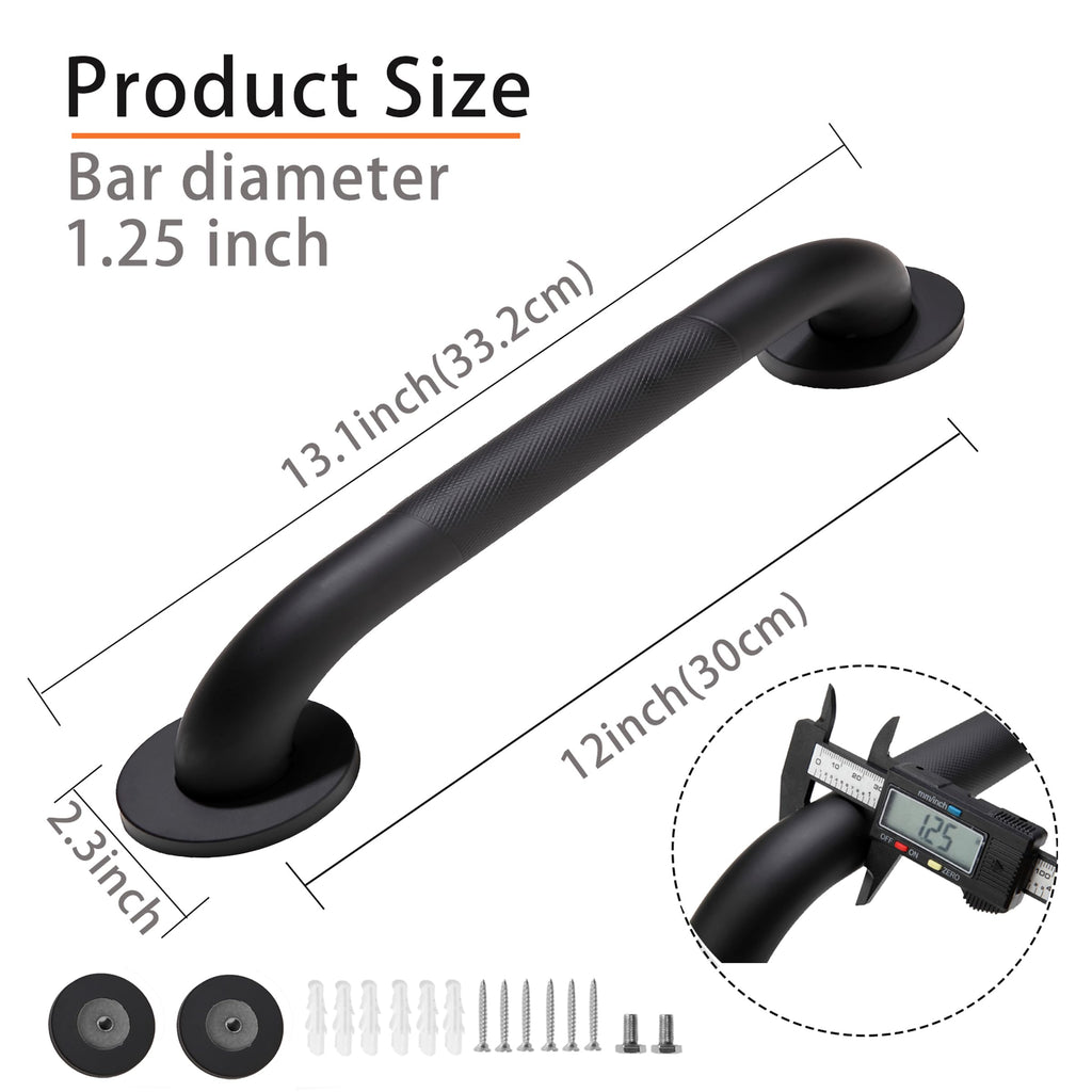 Rackickyer Shower Grab Bar, 2 Pack 12 Inch Black Bathroom Grab Bar, 1.25" Diameter 304 Stainless Steel Anti-Slip Grab Bars for Bathtubs and Showers, Handicap Shower Grab Bar for Seniors Elderly