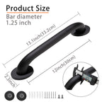 Rackickyer Shower Grab Bar, 2 Pack 12 Inch Black Bathroom Grab Bar, 1.25" Diameter 304 Stainless Steel Anti-Slip Grab Bars for Bathtubs and Showers, Handicap Shower Grab Bar for Seniors Elderly