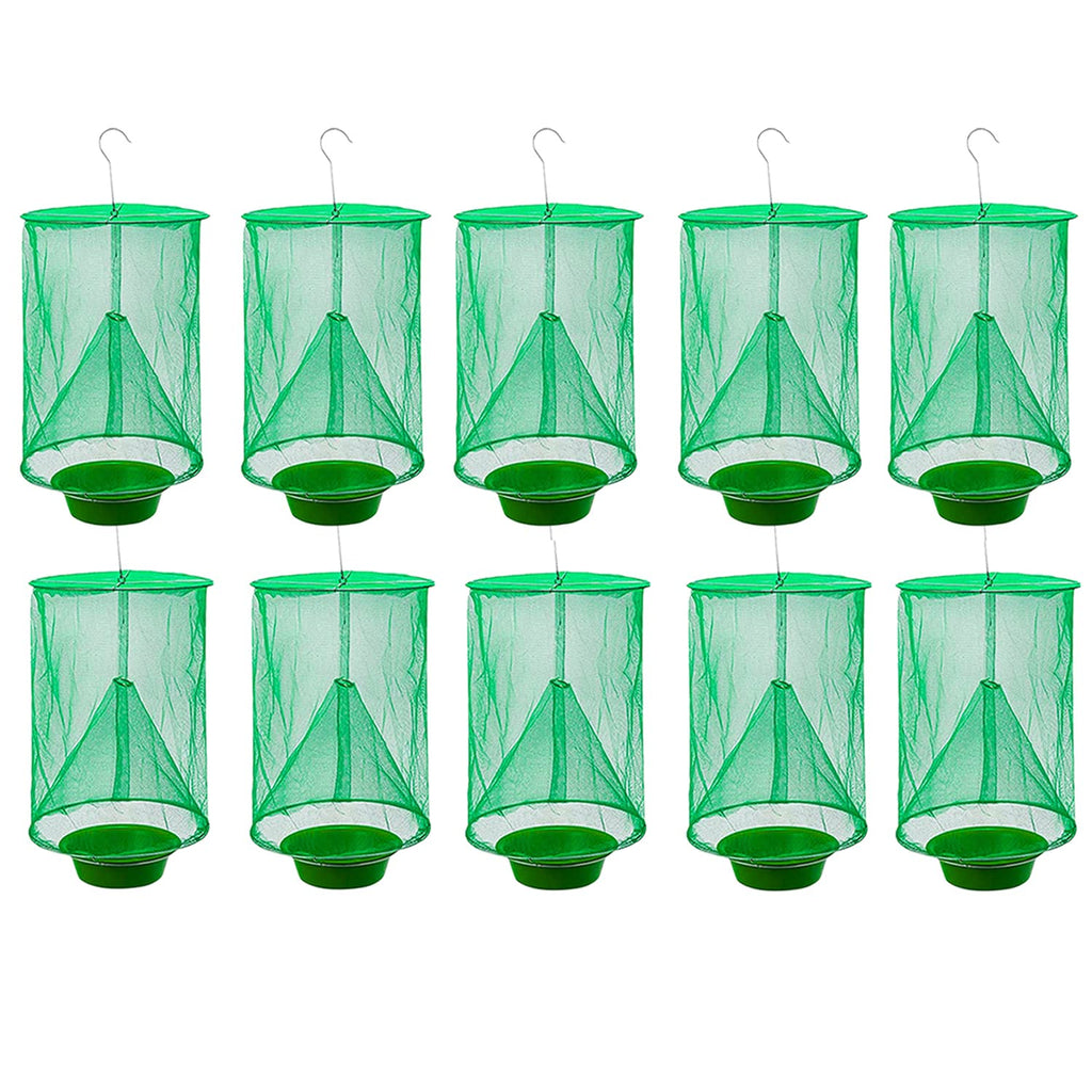 Ranch Fly Trap Outdoor Hanging Reusable with Fishing Apparatus | Food Bait Tray Catcher Cage for Indoor or Outdoor Family Farms, Park (10 Pack)