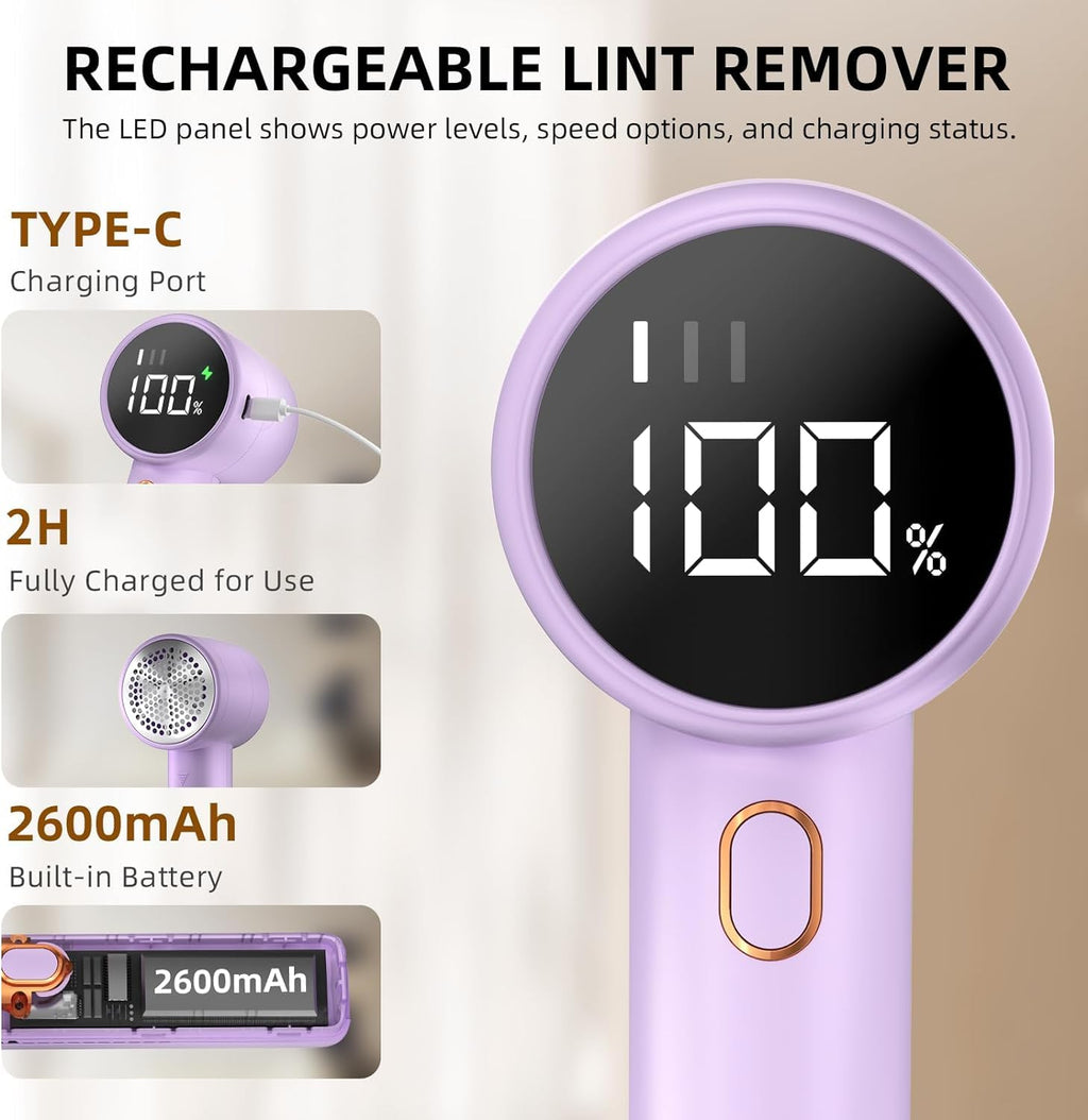 Fabric Shaver, Lint Remover Rechargeable, Electric Portable Sweater Defuzzer with 3 Speeds, 6 Leaf Blades, Digital LED Display to Remove Pilling for Clothes, Rosa