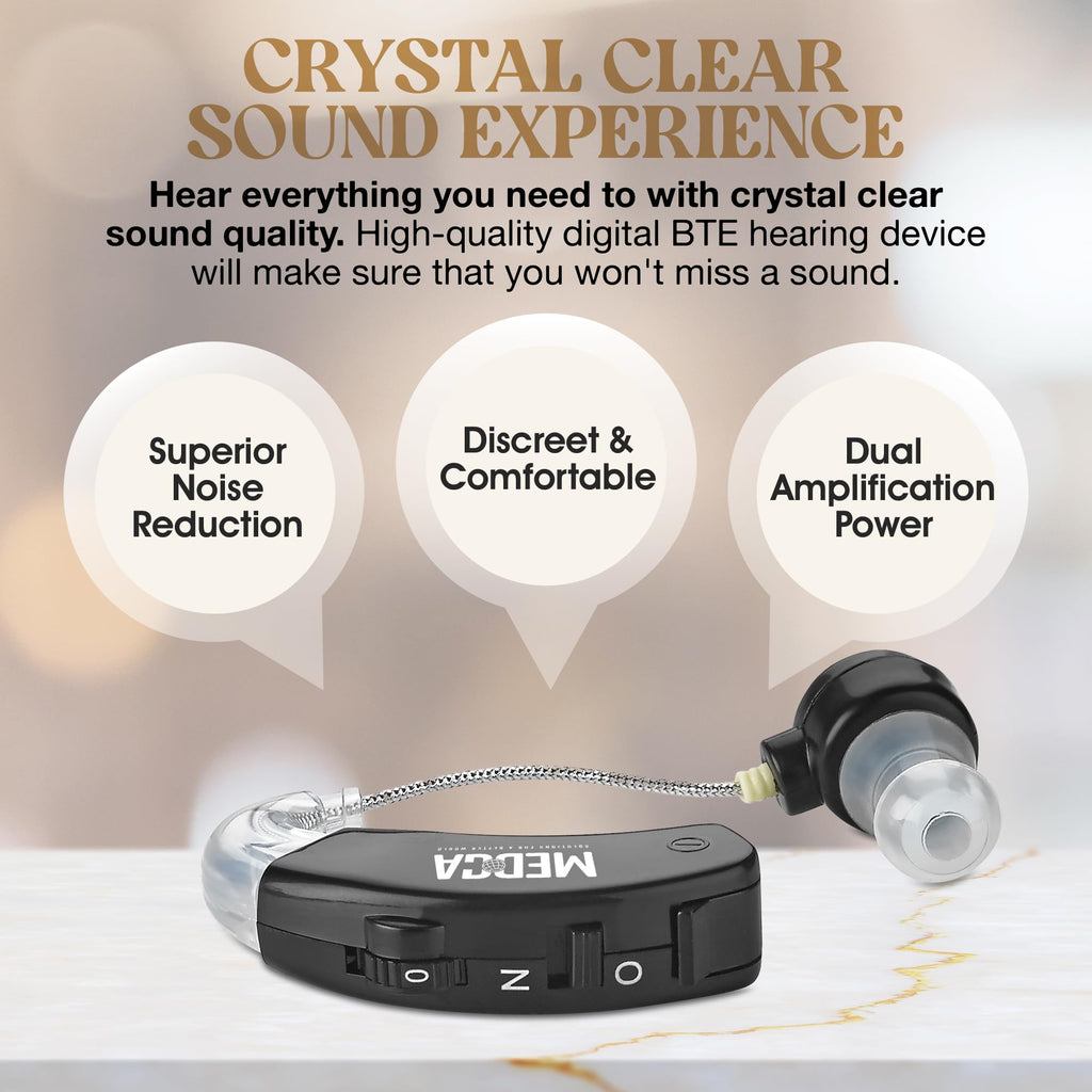 Behind the Ear Sound Amplifier - BTE Hearing Ear Amplification Device and Digital Hearing Aids for Seniors PSAD for the Hard of Hearing, Noise Reducing, Black, By MEDca