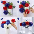 12 Pcs Artificial Chrysanthemums Flowers Patriotic Flower, 4th of July Fake Mums Flowers Silk for Home Decor Indoor Memorial Day Table Centerpiece Vase not Included (12, Red, White, Blue)