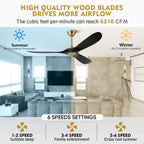 60 Inch Ceiling Fan without Light, Outdoor Ceiling Fans for Patios with Wall Control and Remote Control, Black Gold Modern Farmhouse Ceiling Fan, 3 Blade Large Air flow Reversible DC Wood Ceiling Fan