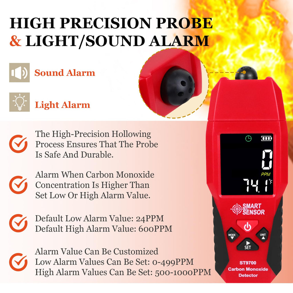 Lunarlipes Handheld Carbon Monoxide Meter, Portable Carbon Monoxide Detector with Temperature Sensor ＆ LCD Color Display, Professional-Grade CO Meter Tester 0-1000PPM Range (Includes Battery x3)
