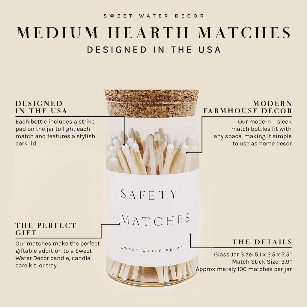 Sweet Water Decor 4" Hearth Matches in Apothecary Glass Bottle | Rustic Jar Approx. 100 Decorative Matchsticks with Strike Pad | Cute Candle Accessory Match Holder Long Matches for Fireplace (White)