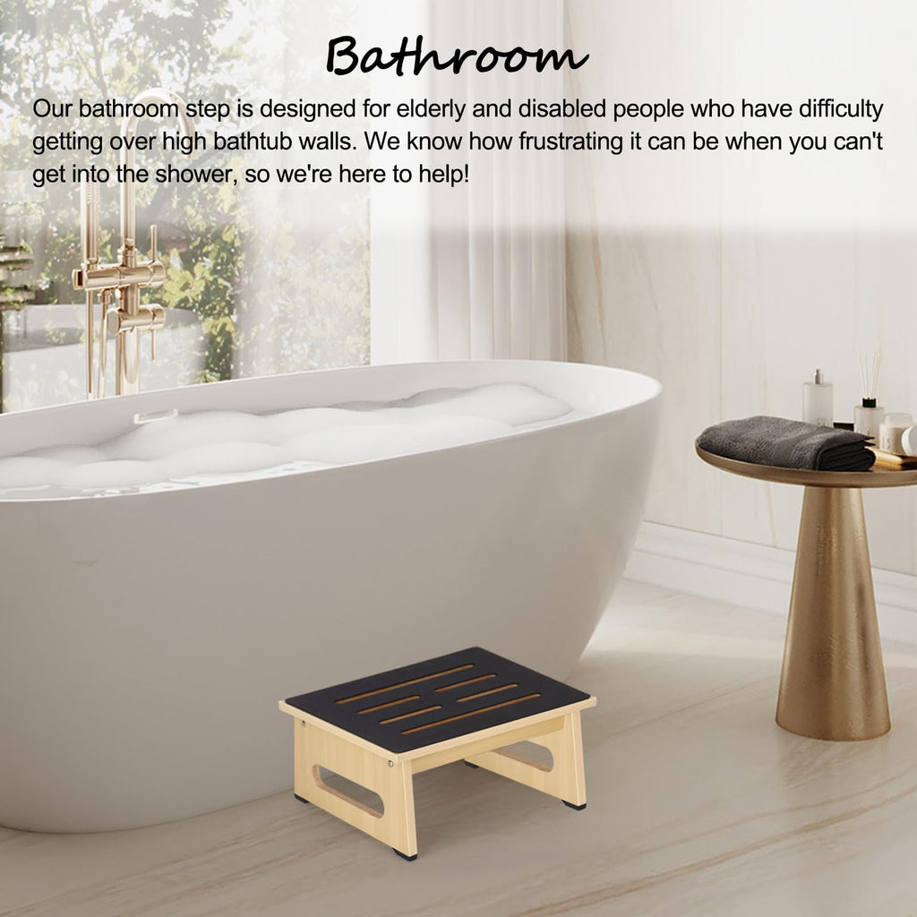 One Step Stool for Adults Seniors with Non-Slip Rubber Stepping Feet, Heavy Duty Platform Step Stools, 450 LB Portable Bed Steps for High Beds for Bathroom,Bedroom,Kitchen & Bedside Support,Light Wood