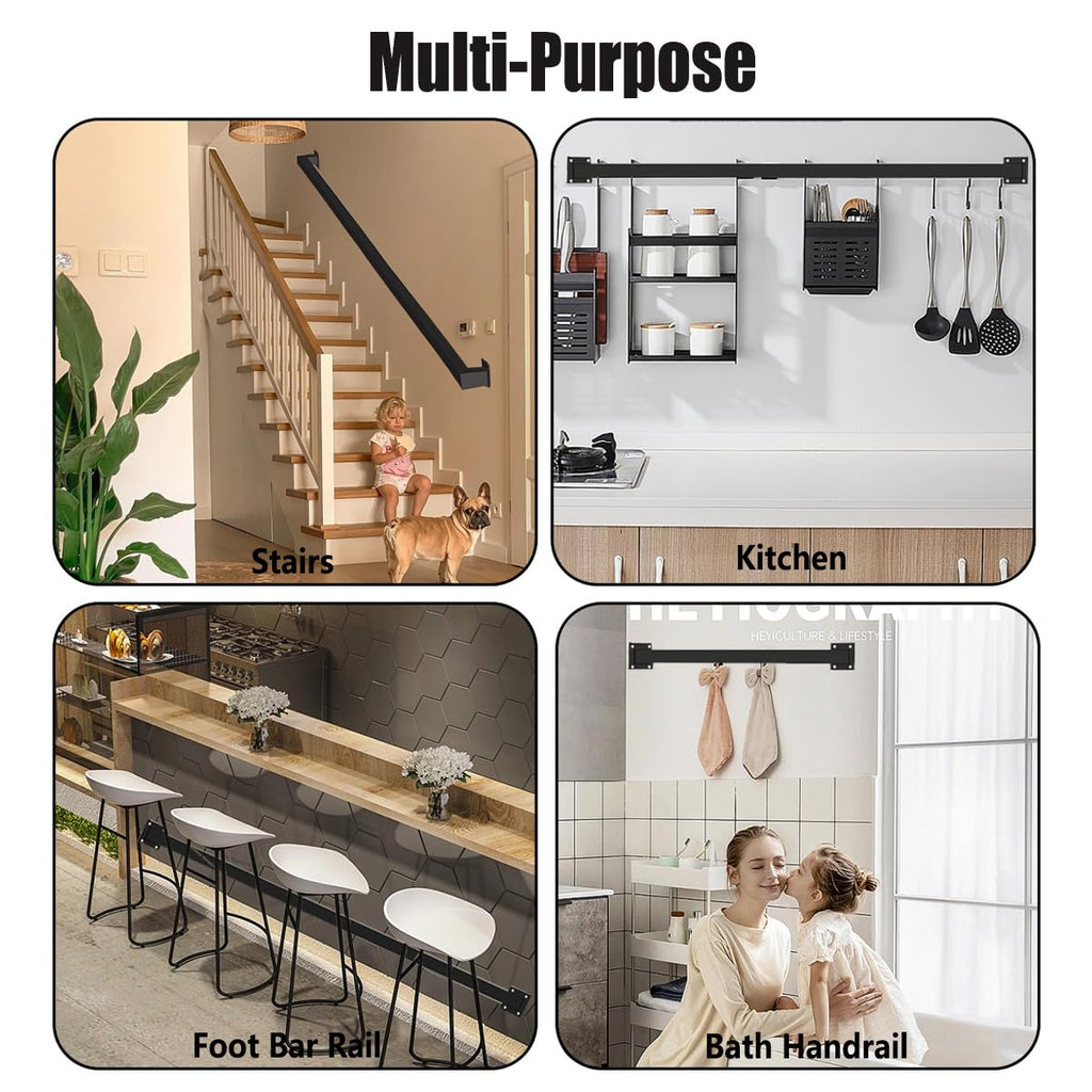 7ft Staircase Handrail for Indoor Stairs, Modern Hand Railings Grab Bar Kit with Black Finished, Non-Slip Wall Mount Decking Railings for Elderly and Children (84inch / 7ft, Black)