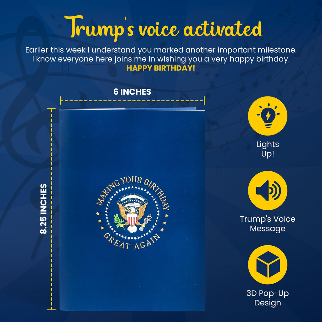 Laughalot Talking Trump Pop Up 3D Birthday card with Donald Trump Real Voice with Light & Sound Says Happy Birthday to Make Your Birthday Great – Donald Trump Interactive Card Gift for Men and Women