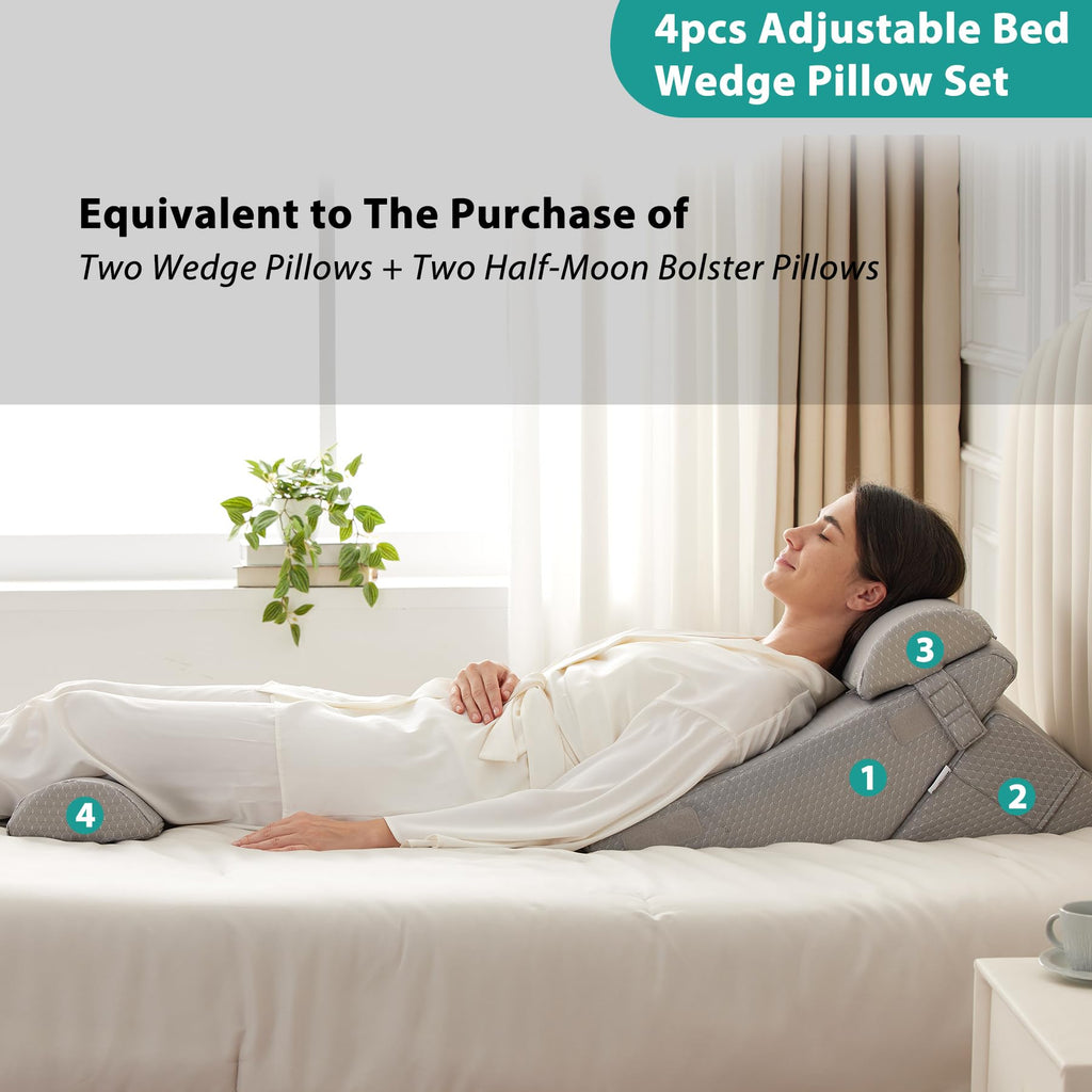 Bedluxe Adjustable 4pcs Bed Wedge Pillow Set, Memory Foam Wedge Pillow Post Surgery for Back, Neck, Leg Pain Relief, Pillow Wedge for Sleeping, Sitting up in Bed, Acid Reflux and GERD, Grey