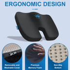 Seat Cushion for Office Chair & Car - Memory Foam Coccyx Support Pillow with Non-Slip Cover, Sciatica & Lower Back Pain Relief,Ergonomic Seat Pad for Long Drives (Medium Firm-Black)
