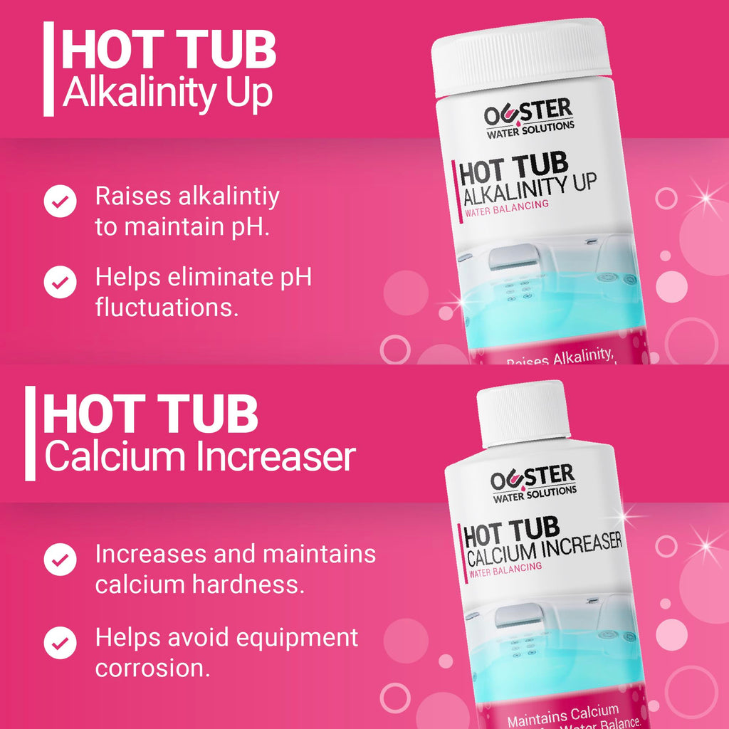 Bio Ouster Hot Tub Water Balancing Kit – Spa pH Up, pH Down, Alkalinity Increaser, Calcium Hardness Increaser & Test Strips – Spa Chemicals Starter Kit for Inflatable & Acrylic Hot Tubs – Made in USA