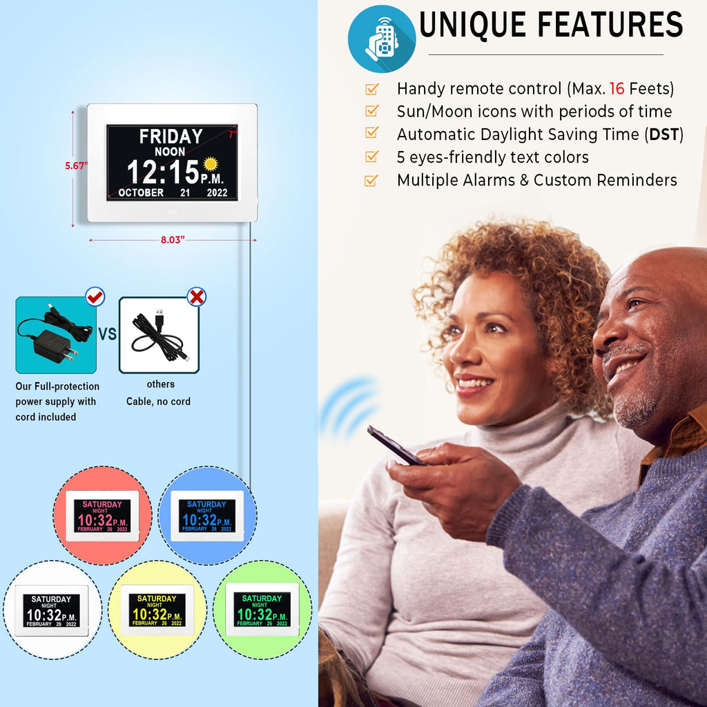 MAXCULUX 【Upgraded】 Digtal Clock with Day and Date for Seniors, Auto DST, 19 Alarms & Auto Dimmable, Non-Abbreviated Extra Large Clock for Elderly Dementia Alzheimers