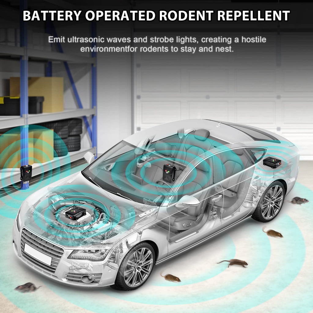 Loraffe Under Hood Animal Repeller Battery Operated Rodent Repellent Ultrasonic Rat Deterrent Keep Mice Out Of Cars With Ultrasound Strobe Light Rodent Defense Wireless Pest Control Device for Vehicle
