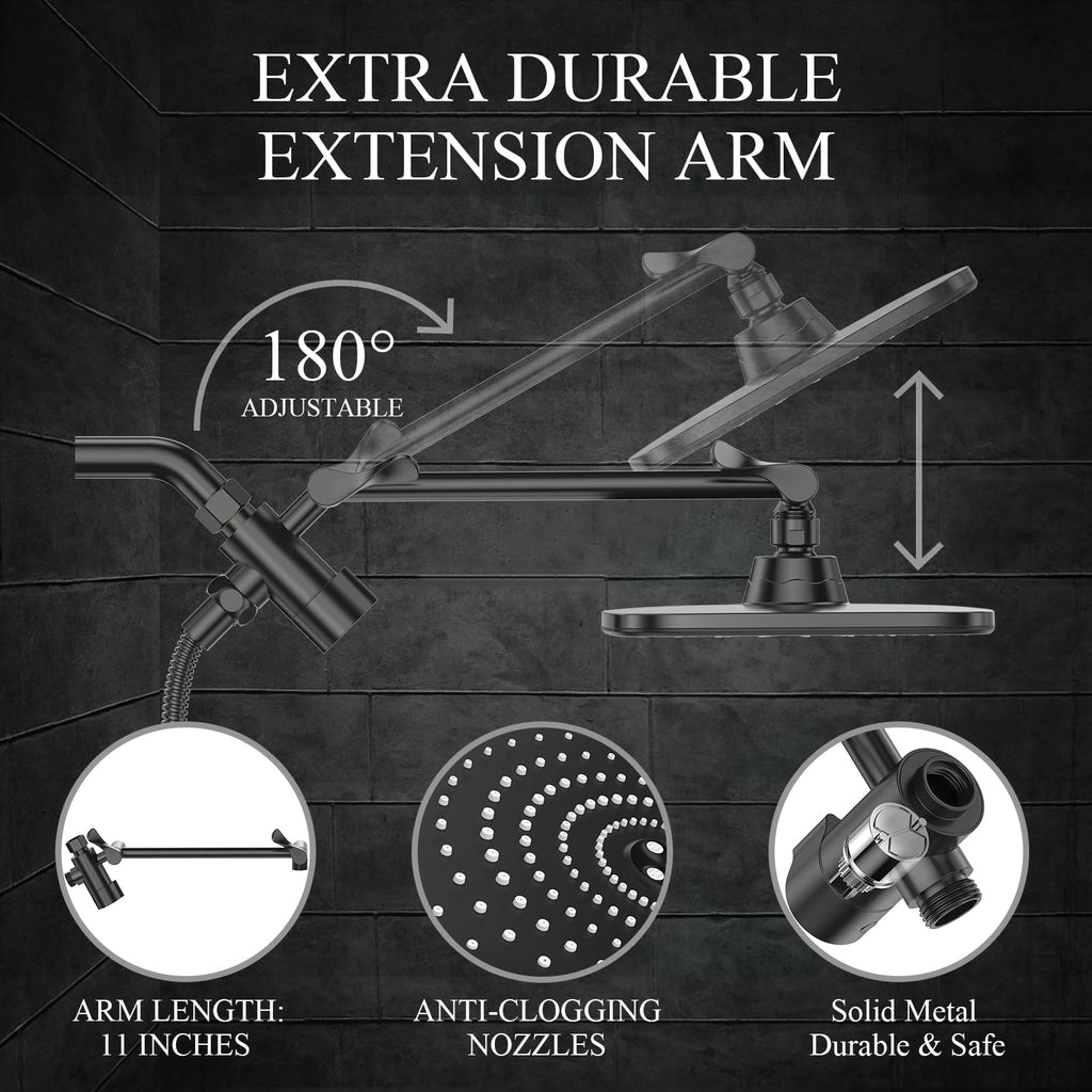 Veken 11.8 Inch High Pressure Rain Shower Head Combo with Extension Arm- Wide Showerhead with 5 Handheld Water Spray - Adjustable Dual Showerhead with Anti-Clog Nozzles - Matte Black