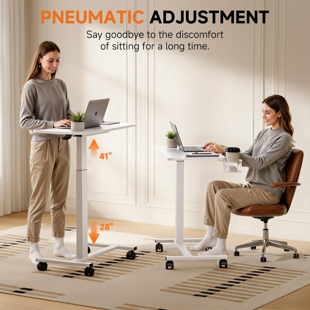 COMHOMA Adjustable Overbed Bedside Table with Lockable Wheels, Pneumatic Mobile Standing Laptop Desk, Small Standing Desk Portable Rolling Overbed Table Hospital Home Use(28" W x 16" D, White)