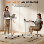 COMHOMA Adjustable Overbed Bedside Table with Lockable Wheels, Pneumatic Mobile Standing Laptop Desk, Small Standing Desk Portable Rolling Overbed Table Hospital Home Use(28" W x 16" D, White)