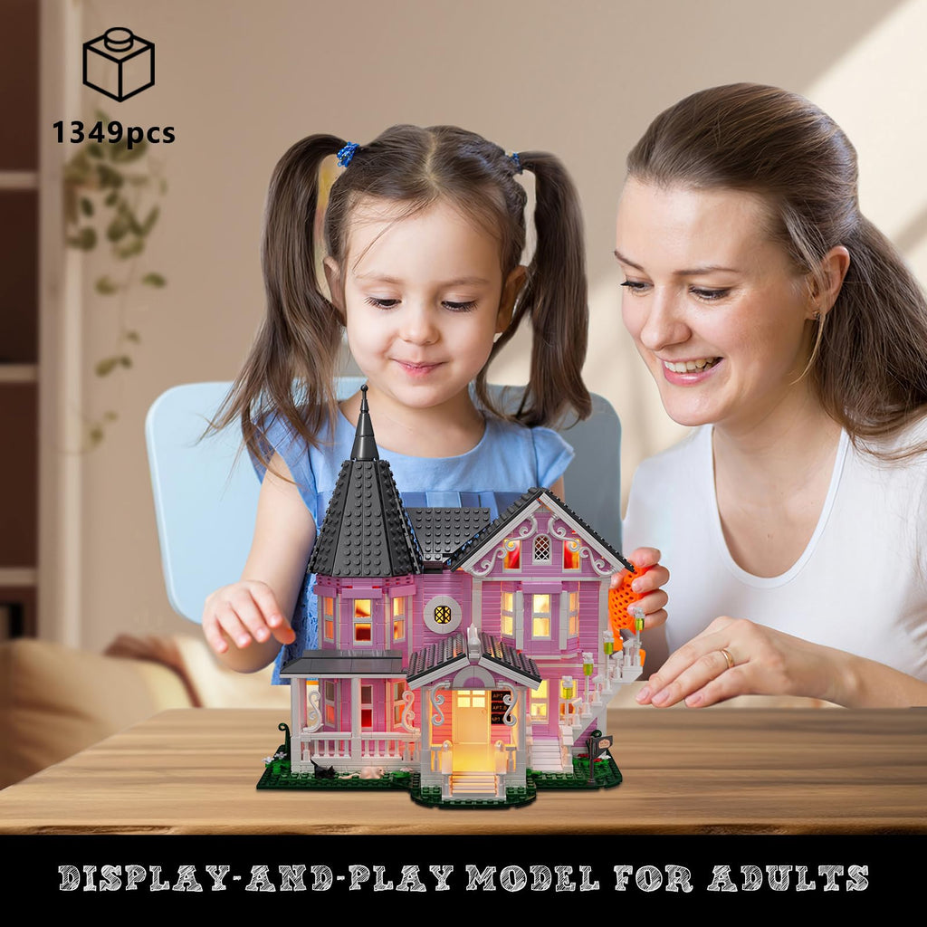 Pink Palace House Building Set with Lights, Halloween Haunted House Blocks Toy, Halloween House Kit for Kids Adults, Compatible with Lego, Christmas for Girls and Boys, Aged 8+ (1349PCS)