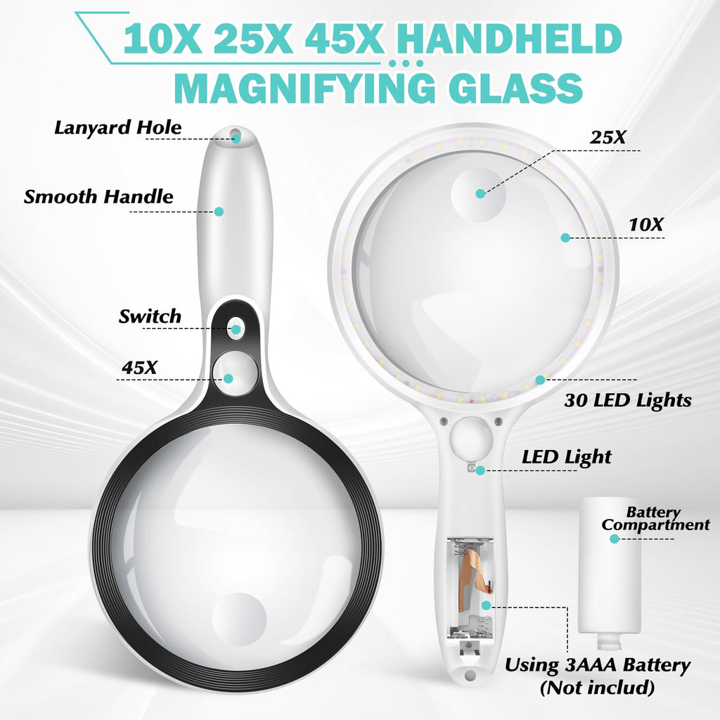 Large Magnifying Glass with Lights,10X 25X 45X Handheld Lighted Magnifier, 5.5in Page Magnifier 36 LED Lights, Magnifying Glass for Reading Small Prints & Low Vision Seniors with Aging Eyes