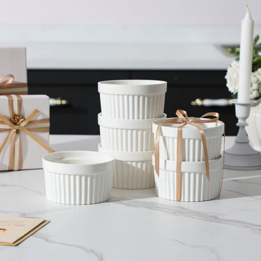 MALACASA Ramekins 12 oz Oven Safe, Porcelain Creme Brulee Ramekins Pudding Custard Cups Large Ceramic Souffle Dishes Ramakan Ramiken Ramicans Baking Bowls Set of 6, White, Series RAMEKIN-DISH