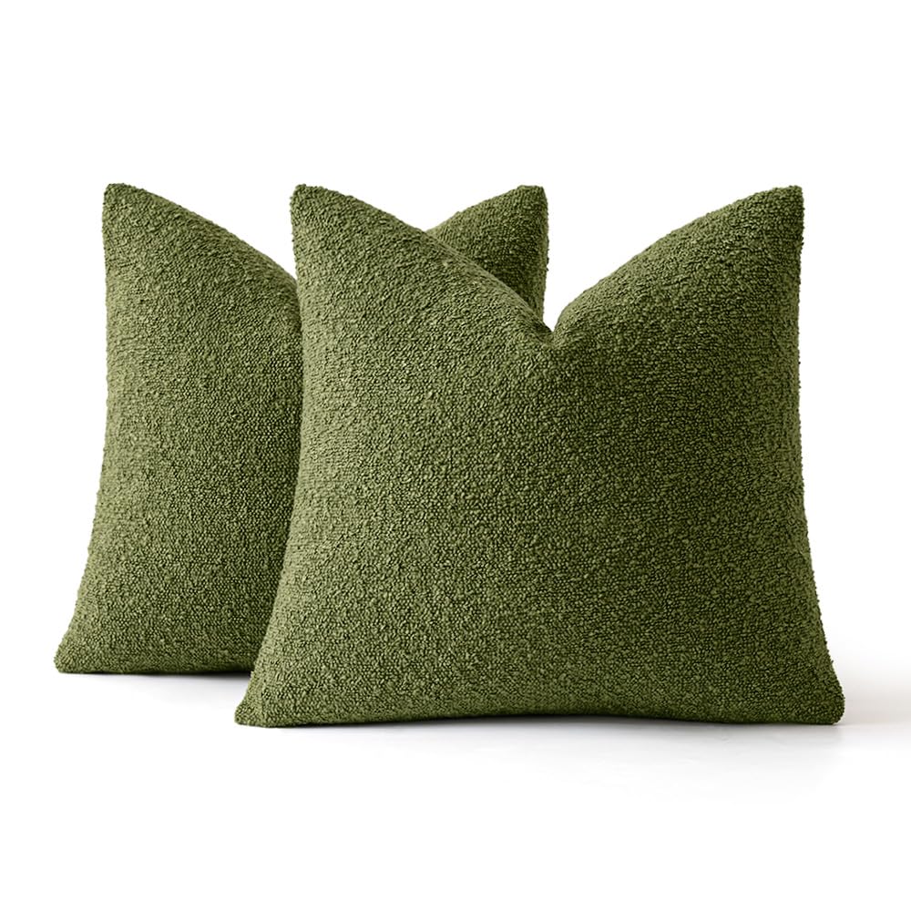 MIULEE Set of 2 Olive Green Throw Pillow Covers 18x18 Inch Decorative Couch Pillow Covers Textured Boucle Accent Solid Christmas Pillow Cases Soft for Cushion Chair Sofa Bedroom Livingroom Home Decor