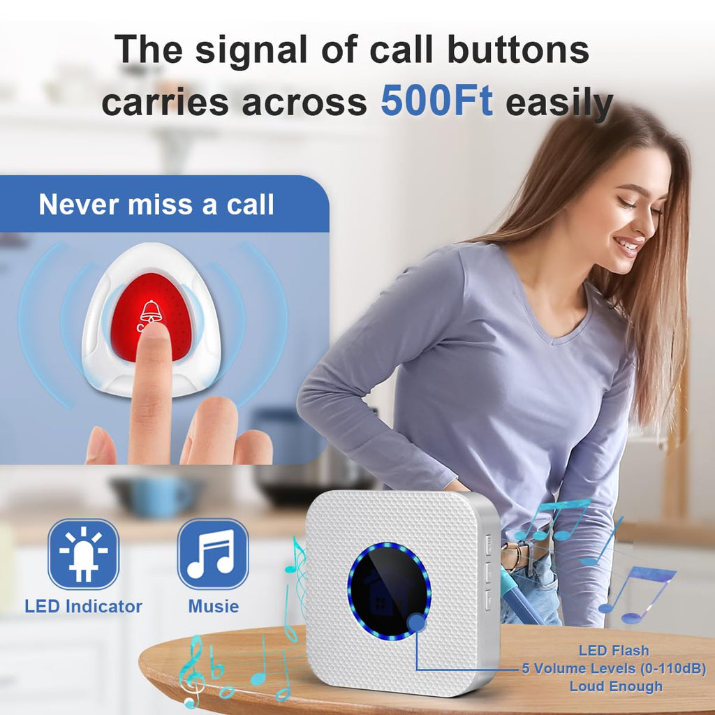 Caregiver Pager Wireless Call Buttons for Elderly Monitoring Smart Call System Alert Button for Seniors 1 SOS Call Buttons/Transmitters 2 Receivers Nurse Calling Alert for Home/Personal Attention