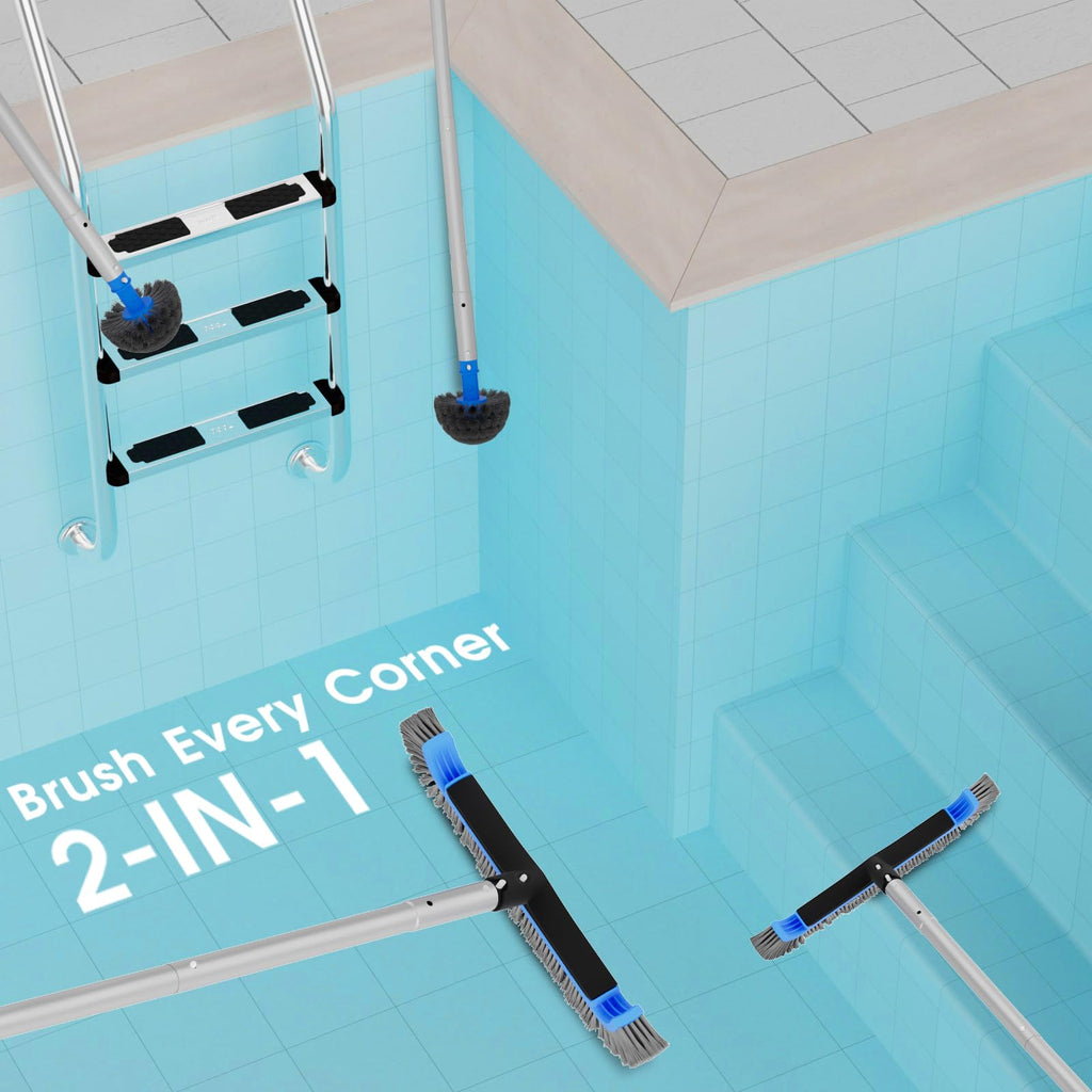 2 in 1 Multifunctional Pool Brush with 10 FT Poles - 17.5'' Heavy Duty Swimming Pool Brush & Multifunctional Brush Head, 10 FT Aluminum Poles, Cleaning Inground & Above Ground Pools, Vinyl Liner