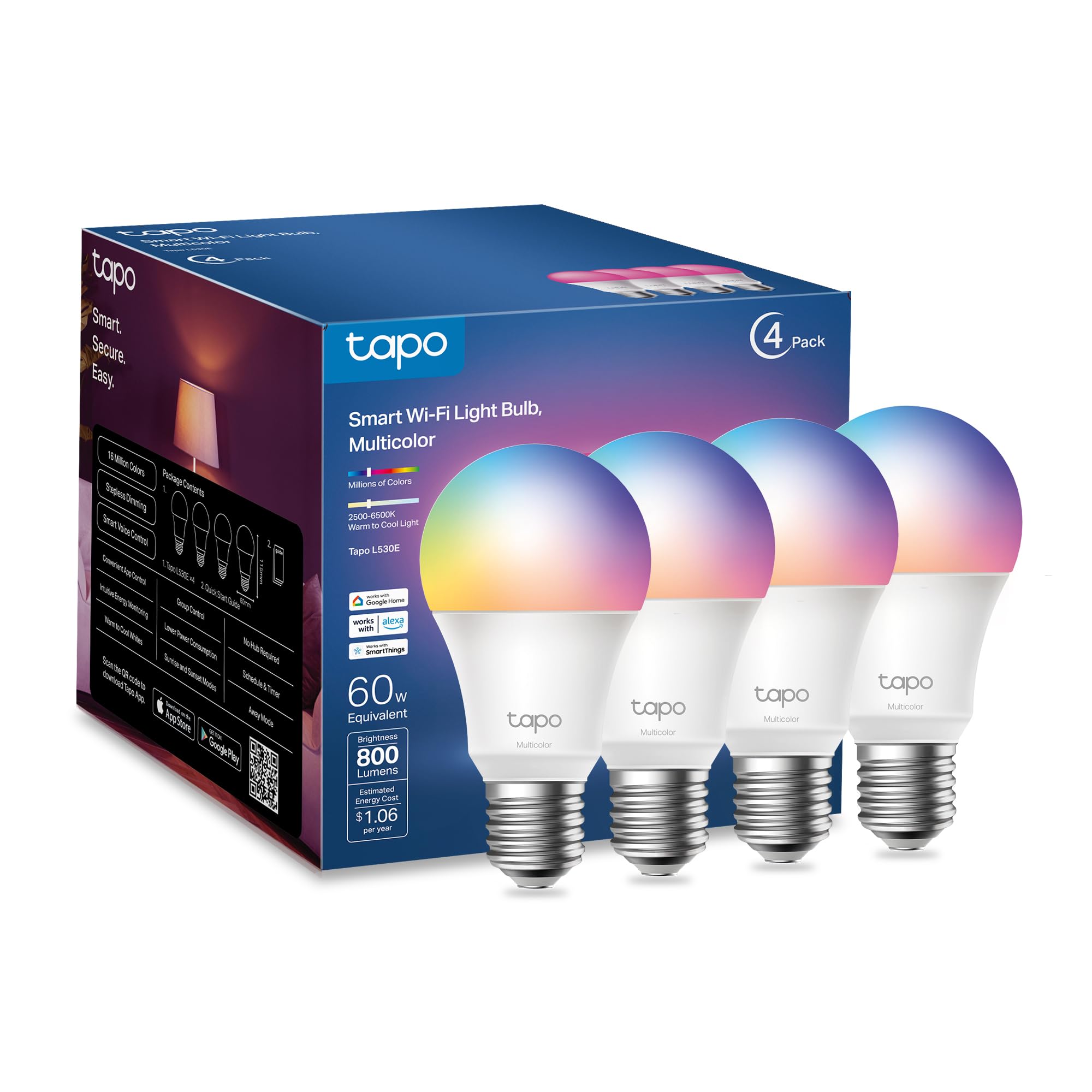 Tapo TP-Link Smart Light Bulbs, 16M Colors RGBW, Dimmable, Compatible with Alexa and Google Home, A19, 60W Equivalent, 800LM CRI>90, 2.4GHz WiFi only, No Hub Required, L530E(4-Pack)
