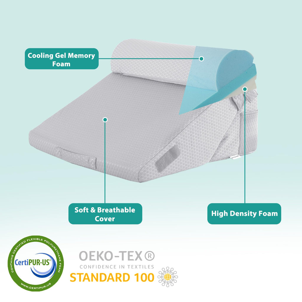 Bedluxe 3Pcs Orthopedic Bed Wedge Pillow Set, Foam Wedge Pillow Post Surgery for Back, Leg and Knee Support, Adjustable 9&12 Inch Folding Triangle Pillow for Sleeping, Acid Reflux, Snoring, Light Grey