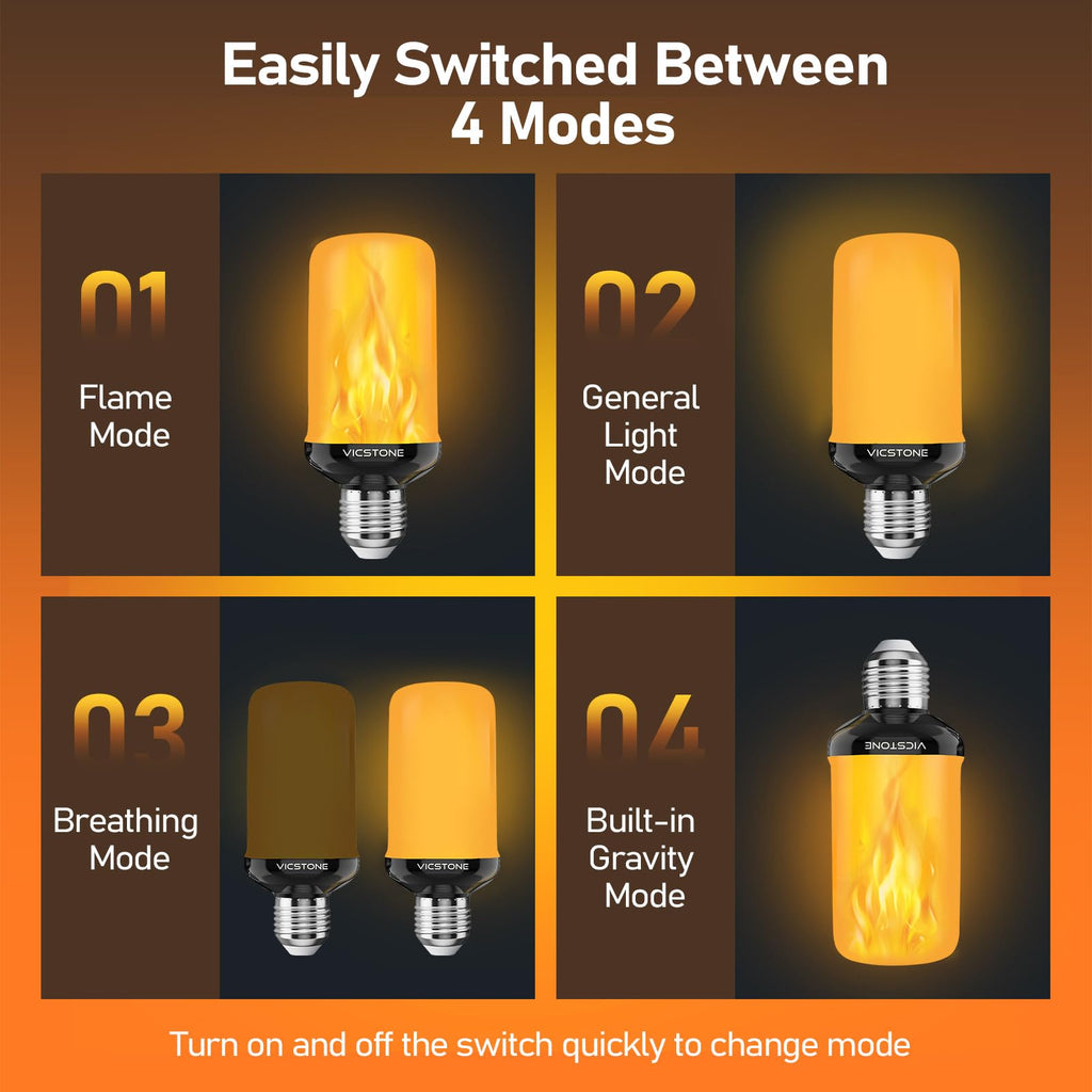 Vicstone Upgraded LED Flame Light Bulbs, 4-Mode Flickering Light Bulbs with Upside Down Effect, E26 27 Fire Light Bulb for Porch Party Patio Home Halloween Christmas Indoor Outdoor, 4 Pack