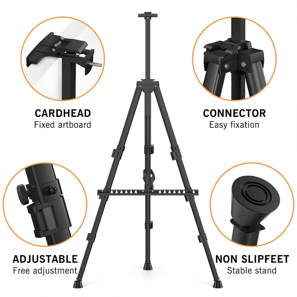 Art Painting Tripod Easel Stand - Portable Adjustable Display Artist Metal Easel with 1 Bag for Tabletop/Floor Painting, Height from 17 to 66 inches, Sturdy for Drawing, Displaying - Black