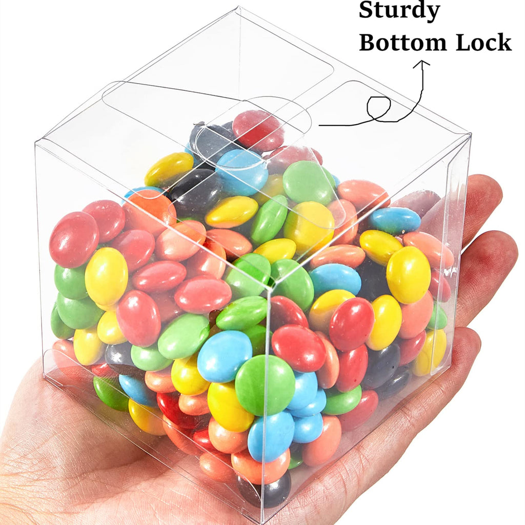 Jutieuo 45pcs Pack Clear Plastic Party Favor Boxes 2x2x2 Inches with Ribbons, Transparent Cube Treat Boxes for Candy Cupcake Goodie Gift, Individual Hot Cocoa Bomb Packaging Box