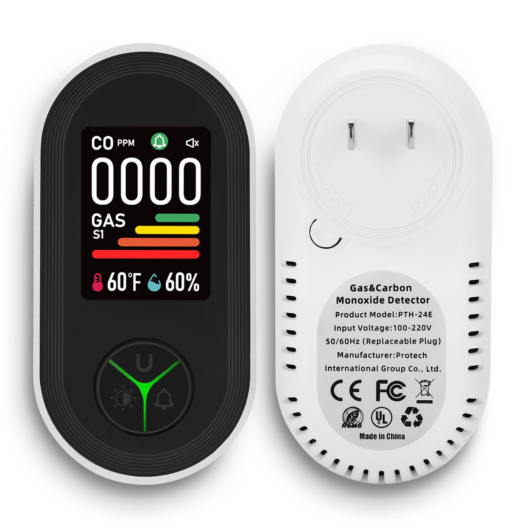 Lunarlipes New Upgraded Plug-in Carbon Monoxide & Natural Gas Detector with Screen Flip, 4-in-1 Combination CO & Gas Detector with Temp/Humidity Sensor, CO, Propane, LPG, Explosive Gas Alarm (1-Pack)