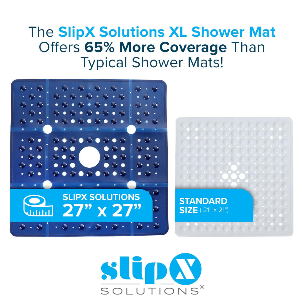 SlipX Solutions Extra Large Square Shower Mat, 27"x27", Non-Slip Stall Mat for Elderly & Kids Standing Bath Tub Mat, Machine Washable, Suction Cups, Navy