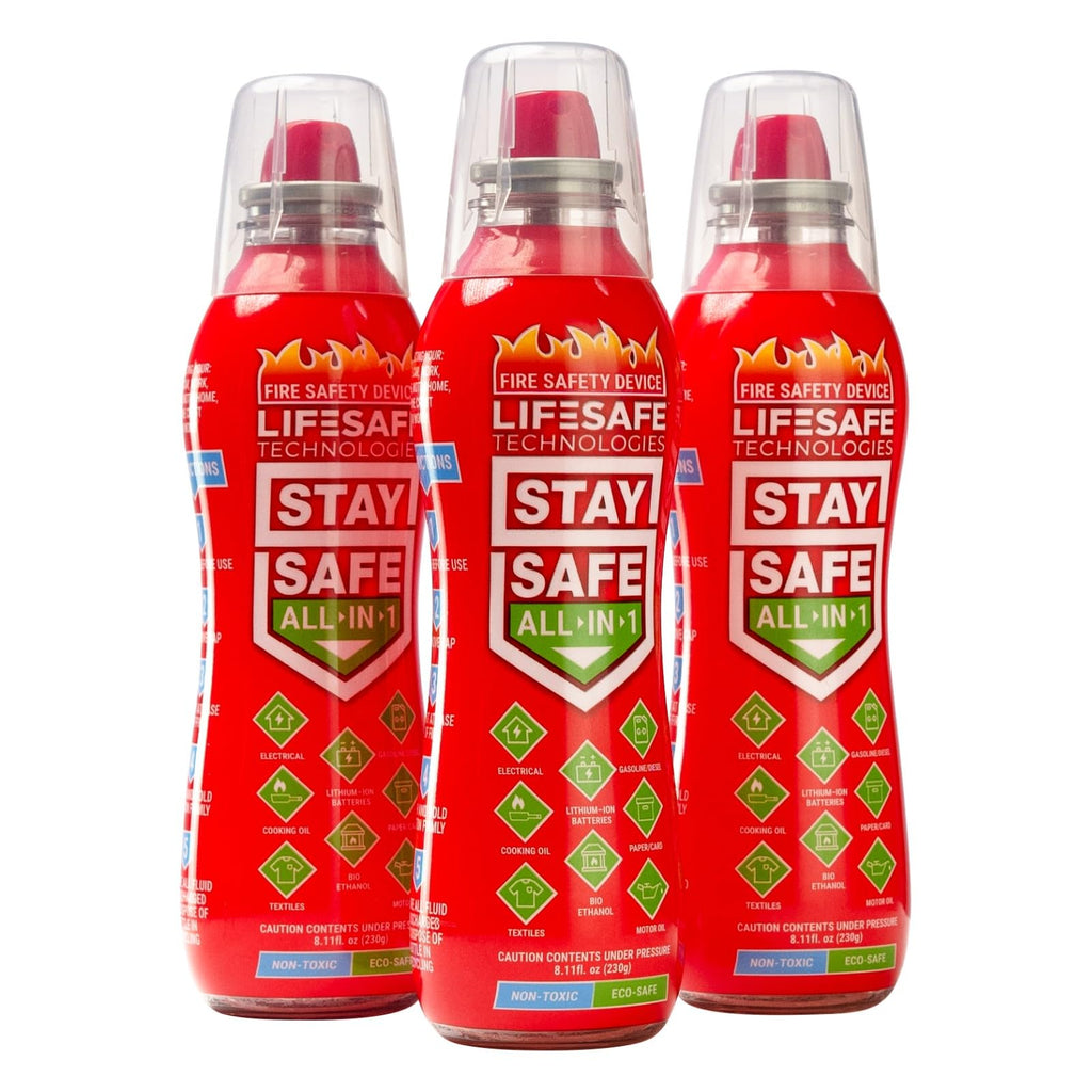 StaySafe All-in-1 Portable Fire Extinguisher by LifeSafe Technologies | Compact & Easy to Use | for Home, Kitchen, Car, Garage, Boat | Non-Toxic & Eco-Friendly | Tackles 10 Types of Fire | 3 Pack
