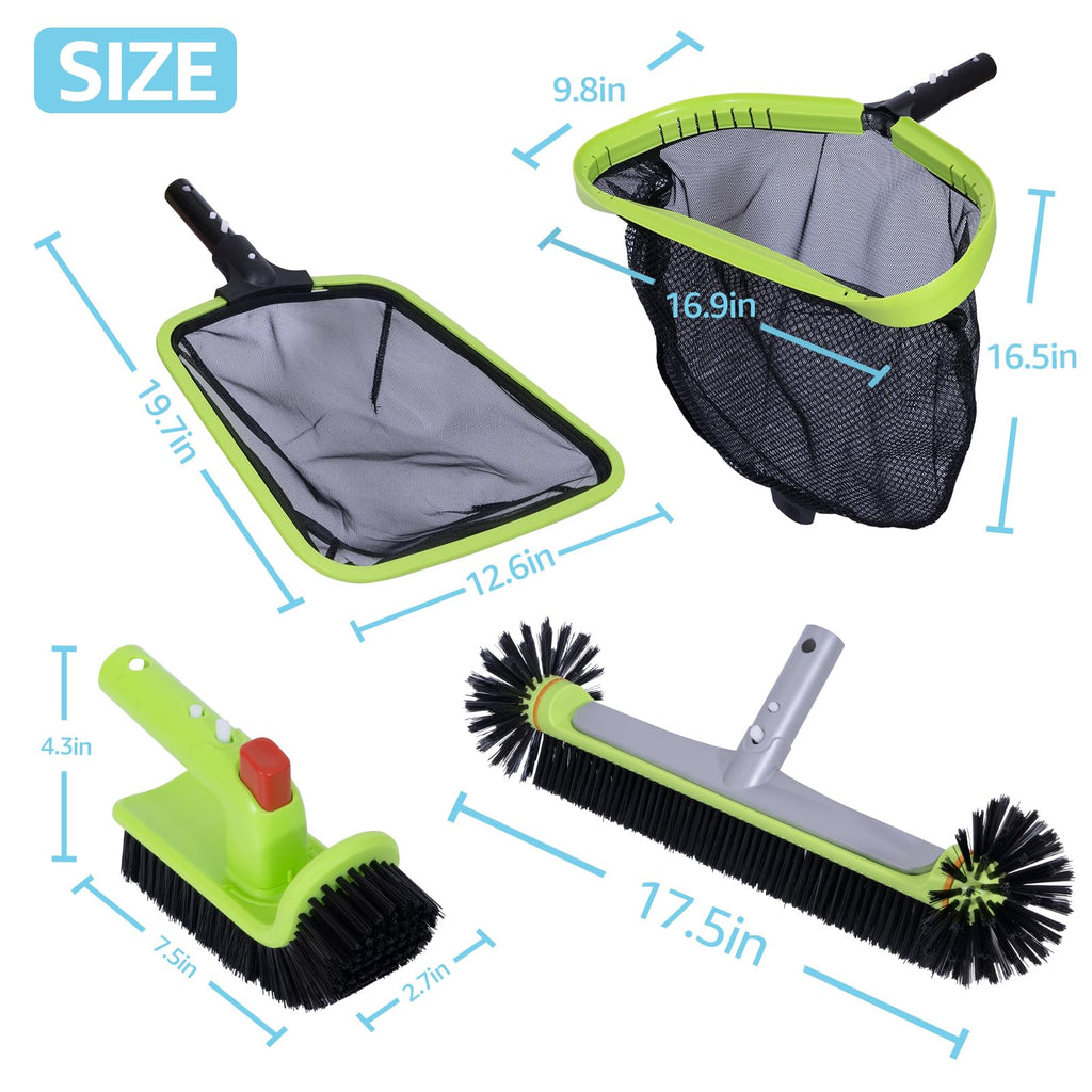 Sepetrel Deluxe Swimming Pool Cleaning Kit Including Professional Leaf Skimmer Net,Half-Depth Fine Mesh Net,17.5" Pool Brush Head & Hand Scrub Brush(NO Pole)