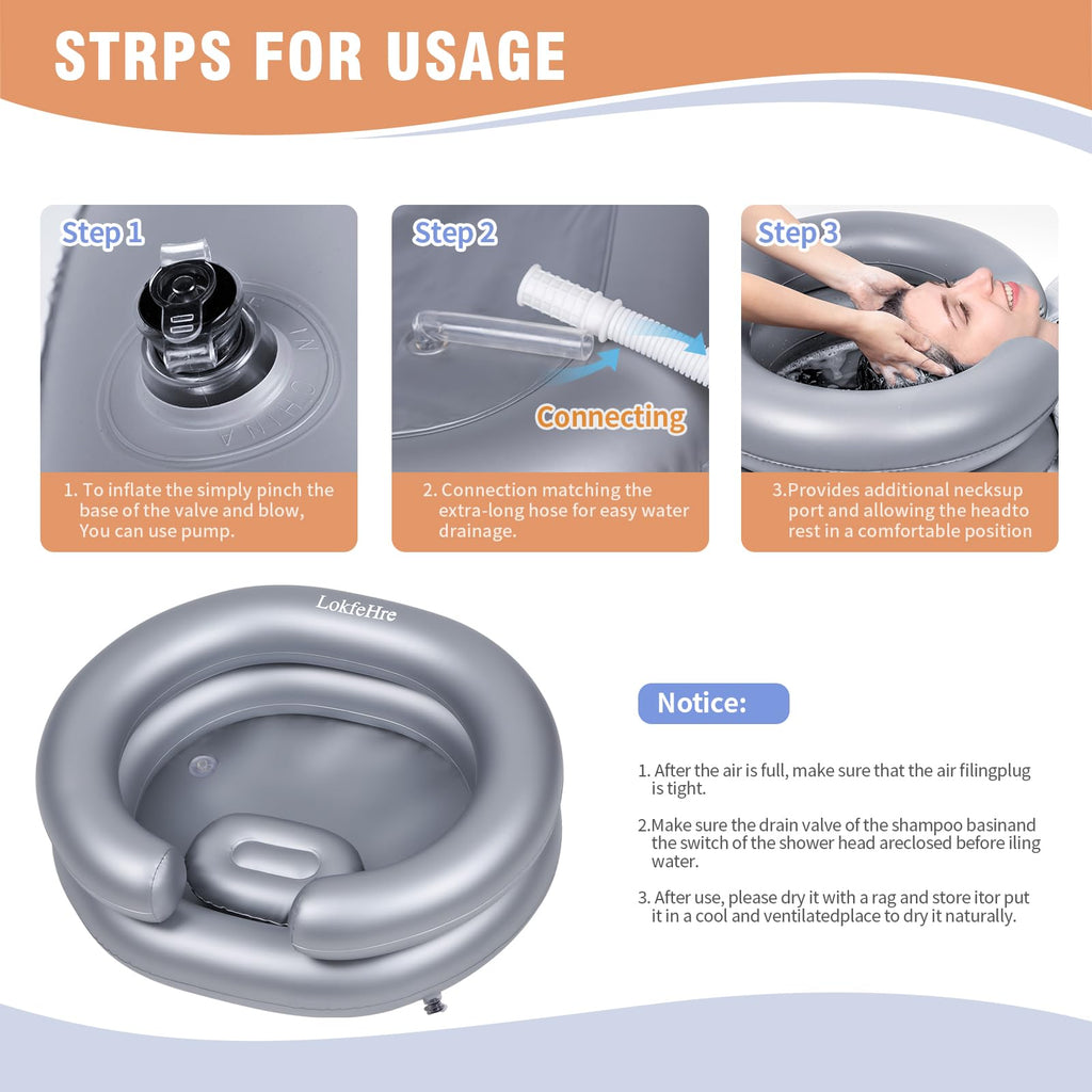 LOKFEHRE Large Portable Inflatable Hair Washing Basin for Bedridden - Wash Hair in Bed with Inflatable Shampoo Bowl.For Elderly,Disabled,Injured,Ideal Inflatable Sink for Locs Detox (Silvery)